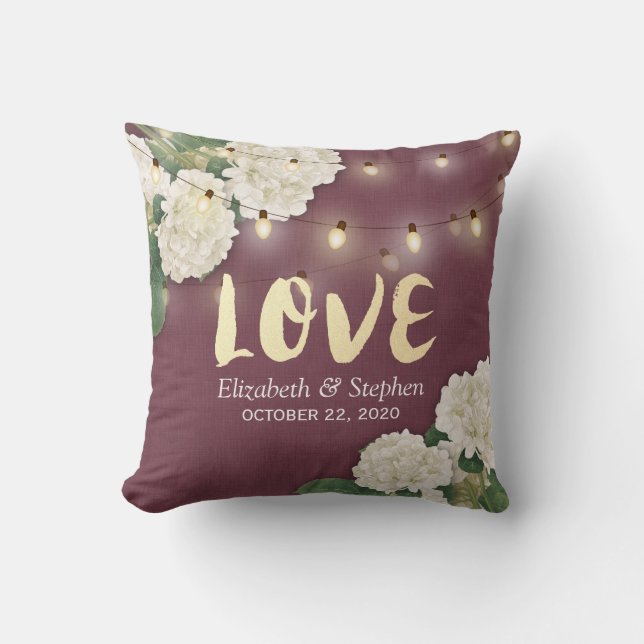 Wedding Shower Hydrangea String Light Burgundy Red Cushion (Front)