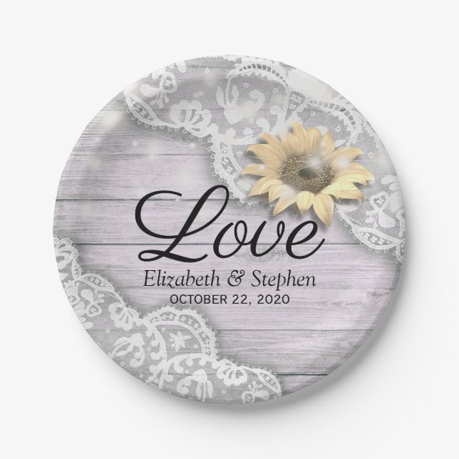 Wedding Shower Lace Sunflower Wood String Lights Paper Plate (Front)