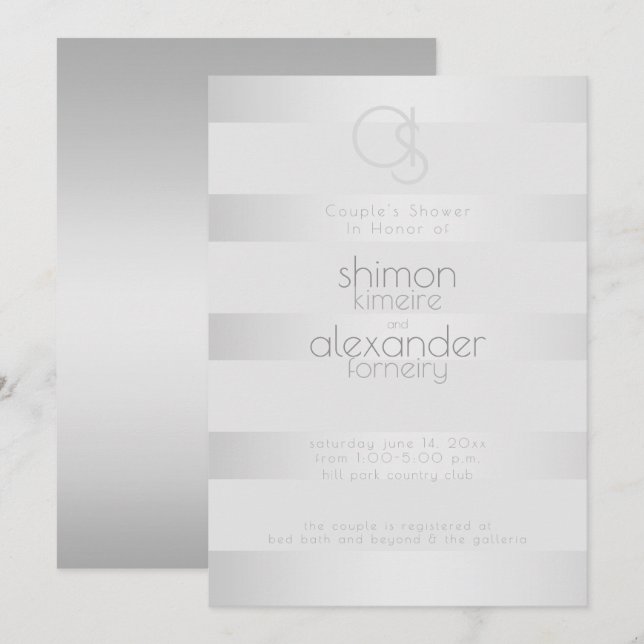 Wedding Shower | Luminous Silver Stripes Monogram Invitation (Front/Back)