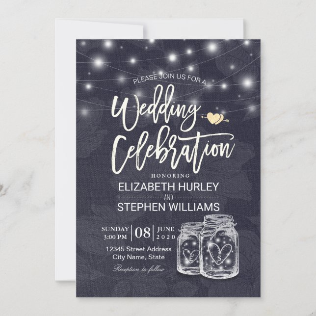 Wedding Shower Mason Jar String Light Floral Linen Invitation (Front)
