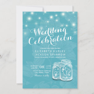 Wedding Shower Mason Jar String Lights Blue Floral Invitation