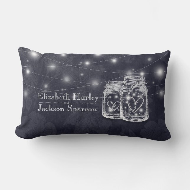 Wedding Shower Mason Jars String Lights Navy Blue Lumbar Cushion (Front)