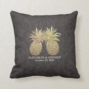 Wedding Shower Modern Black Gold Pineapple Couple Cushion