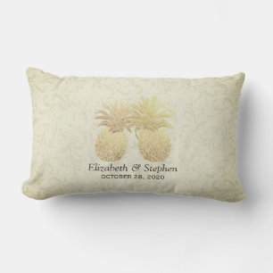 Wedding Shower Modern Gold Pineapples Damask Paper Lumbar Cushion