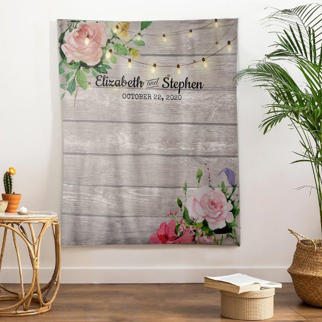 Wedding Shower Photo Backdrop Flowers Wood Lights Tapestry (Creator Uploaded)