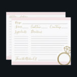 Wedding Shower Pink and Gold Recipe Cards<br><div class="desc">Pink and gold glitter recipe card featuring simple script and a glamourous engagement ring. Personalise by adding names,  events or other details specific to your event. This recipe card will be perfect for all bridal and wedding showers.</div>