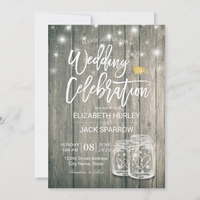 Wedding Shower Rustic Wood Mason Jar String Lights Invitation (Front)