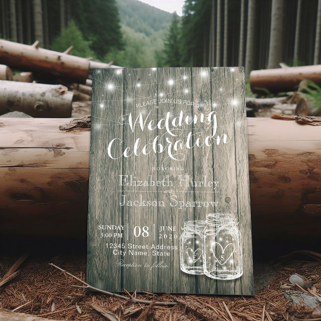 Wedding Shower Rustic Wood Mason Jar String Lights Invitation (Creator Uploaded)