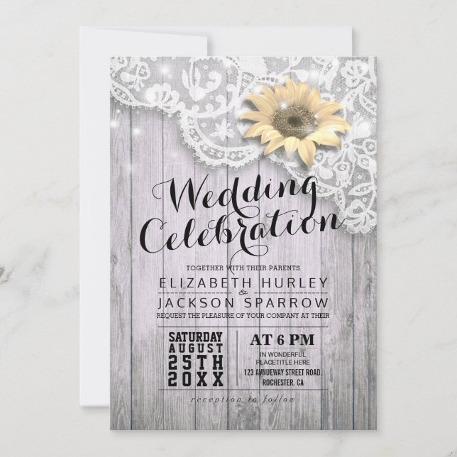 Wedding Shower Vintage Lace Sunflower Rustic Wood Invitation (Front)