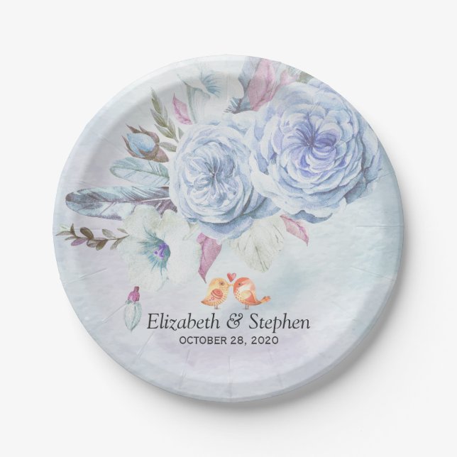 Wedding Shower Watercolor Bohemian Flowers Feather Paper Plate (Front)