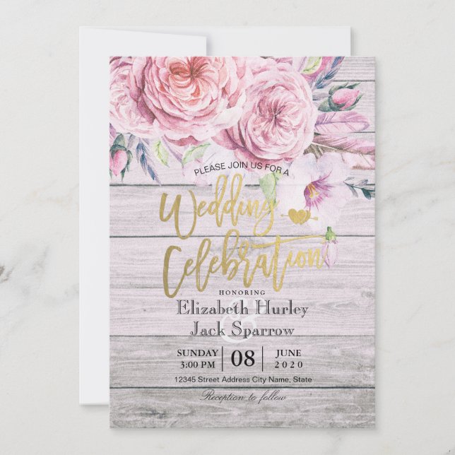 Wedding Shower Watercolor Boho Floral Rustic Wood Invitation (Front)