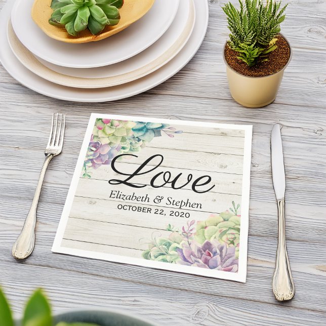 Wedding Shower Watercolor Succulents Rustic Wood Napkin (Creator Uploaded)