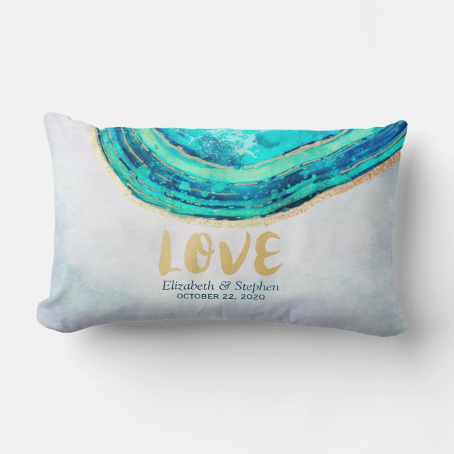 Wedding Shower Watercolor Teal & Gold Agate Geode Lumbar Cushion (Front)