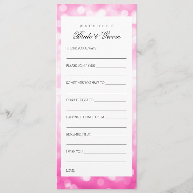 Wedding Shower Wishes Pink Glitter Lights Advice Card (Front)