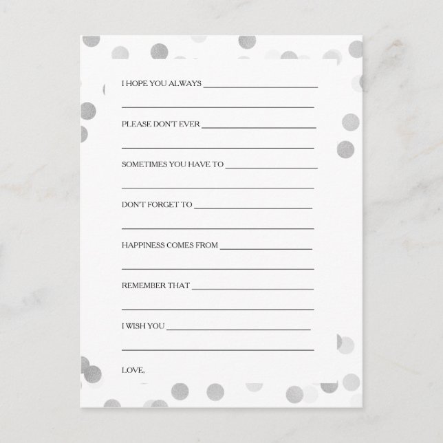 Wedding Shower Wishes Silver Foil Glitter Lights Advice Card (Front)
