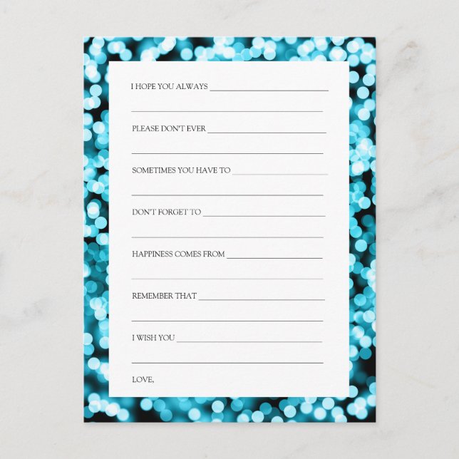 Wedding Shower Wishes Turquoise Sparkly Lights Advice Card (Front)