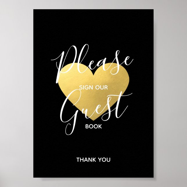Wedding Sign Black Gold Heart | SIGN GUEST BOOK (Front)