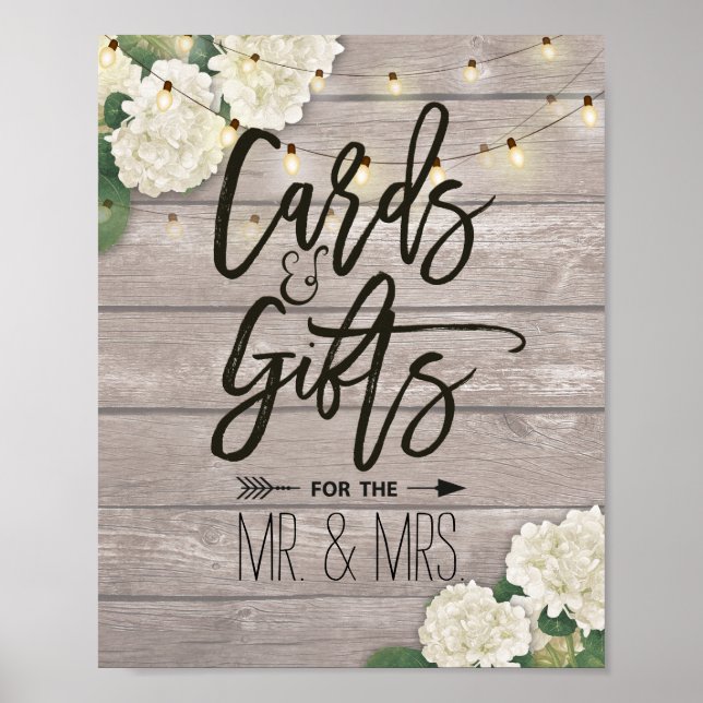 Wedding Sign Cards Gifts Wood Floral String Lights (Front)