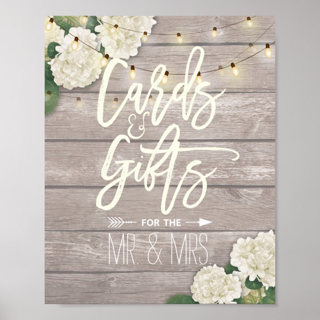 Wedding Sign Cards Gifts Wood Floral String Lights (Front)