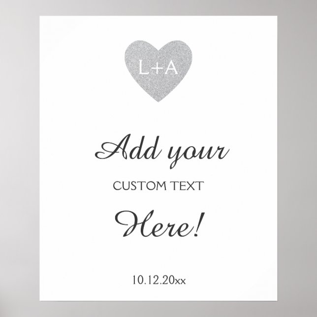 Wedding sign custom text, silver glitter heart (Front)