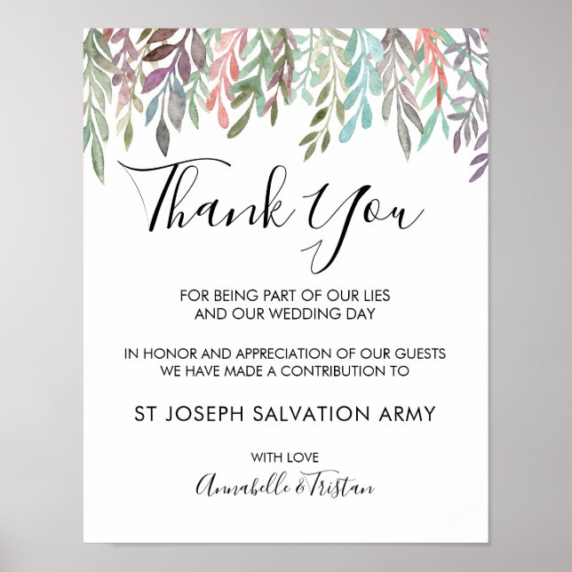 Wedding Sign – Donation Watercolor Greenery Sign (Front)