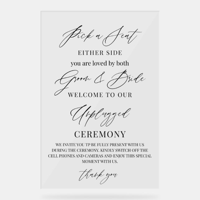 Wedding Sign – Pick a Seat, Not a Side | Unplugged (Front)