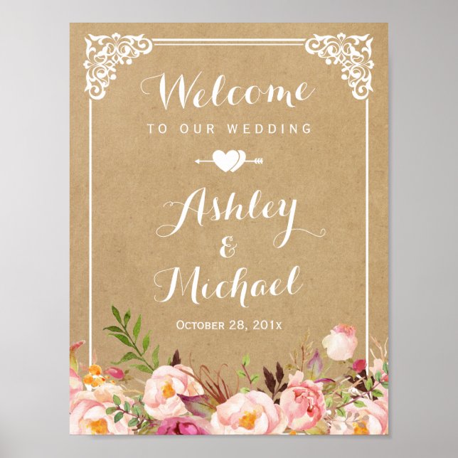 Wedding Sign | Rustic Floral Vintage Frame Kraft (Front)