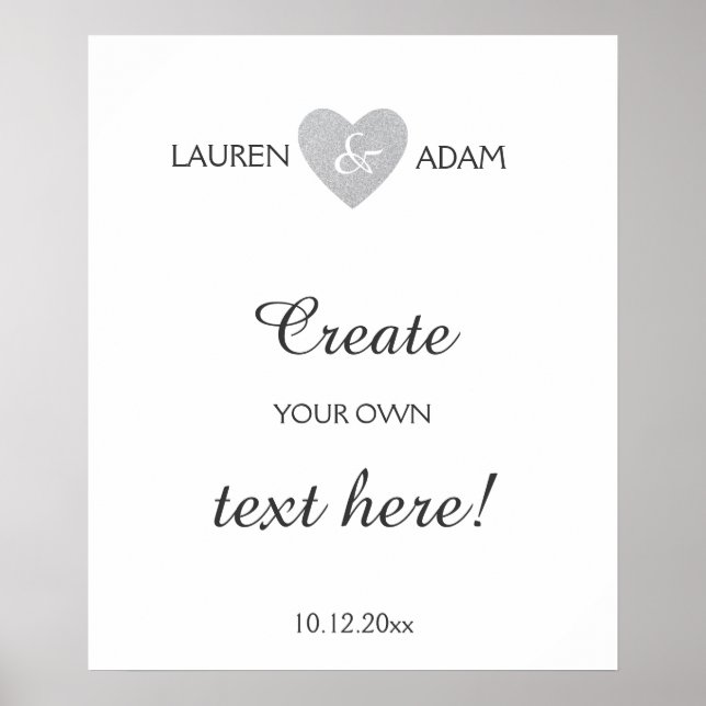 Wedding sign silver glitter heart, custom text (Front)