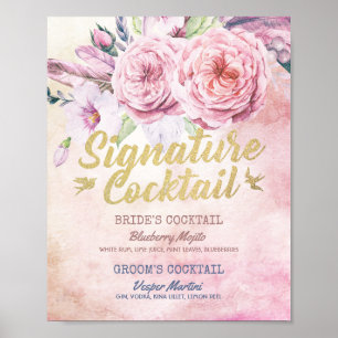 Wedding Signature Cocktail Drink Menu Boho Floral Poster
