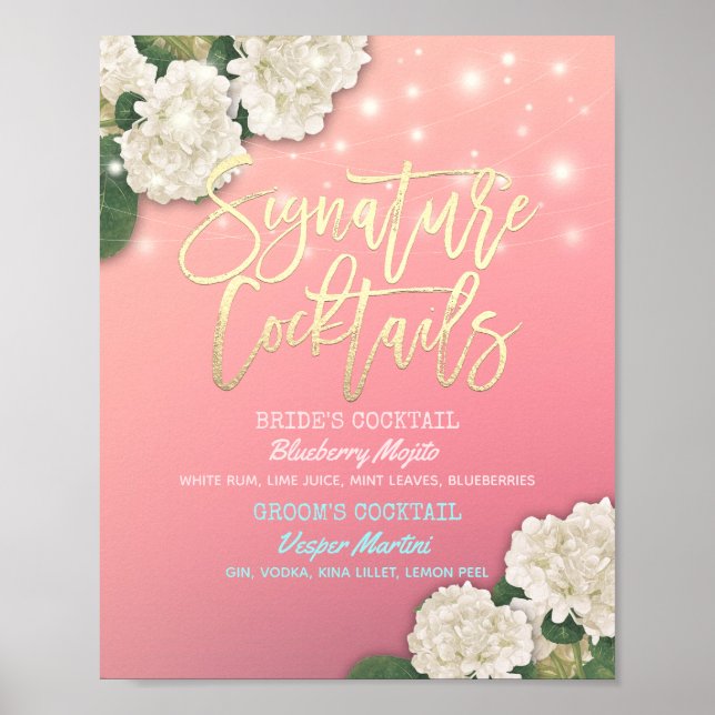 Wedding Signature Cocktail Drink Menu Hydrangeas Poster (Front)