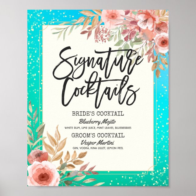 Wedding Signature Cocktail Drink Menu Pink Floral Poster (Front)