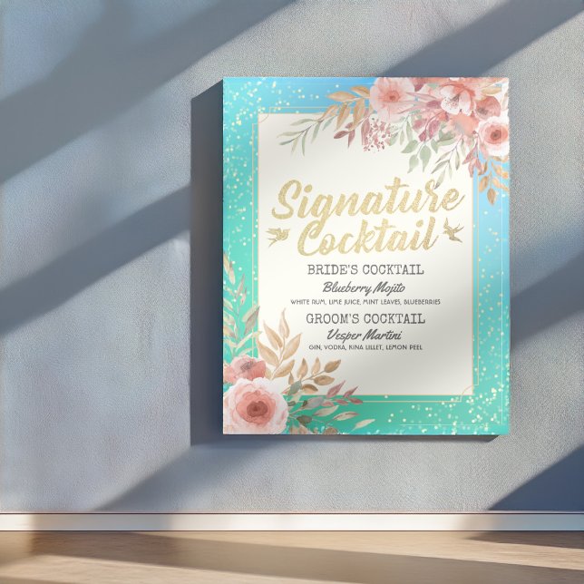 Wedding Signature Cocktail Drink Menu Pink Floral Poster (Creator Uploaded)