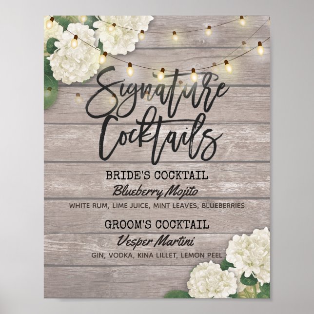 Wedding Signature Cocktail Drink Menu Wood Flowers Poster (Front)