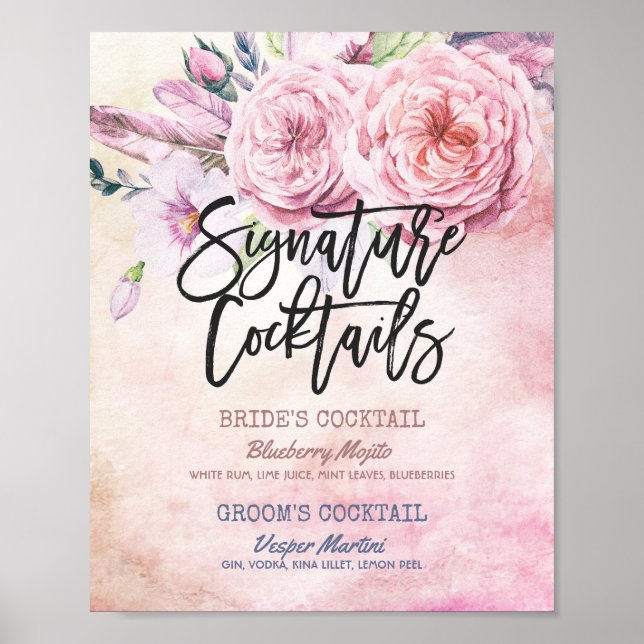 Wedding Signature Drink Menu Boho Floral Feathers Poster (Front)