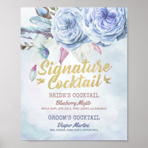 Wedding Signature Drink Menu Boho Floral Feathers Poster
