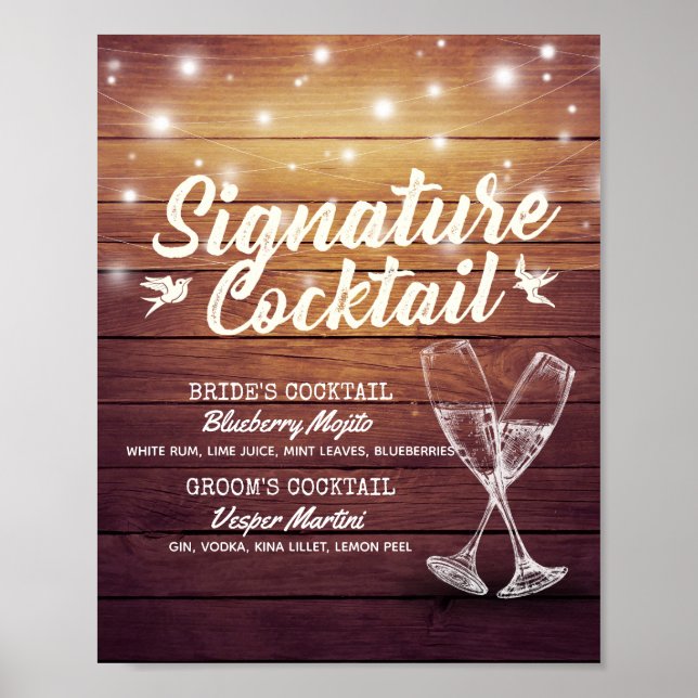 Wedding Signature Drink Menu Champagne Glass Wood Poster (Front)