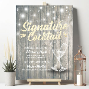 Wedding Signature Drink Menu Champagne Glass Wood Poster