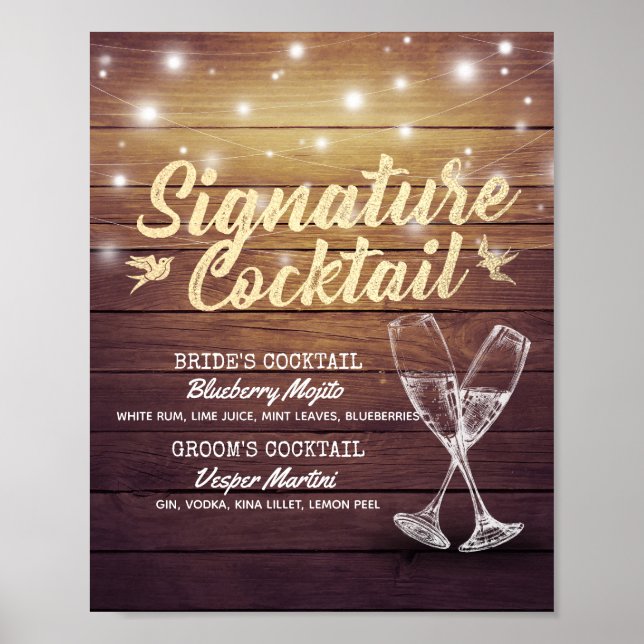 Wedding Signature Drink Menu Champagne Glass Wood Poster (Front)