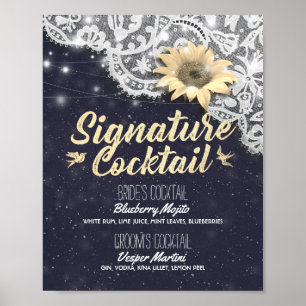 Wedding Signature Drink Menu Lace Sunflower Lights Poster