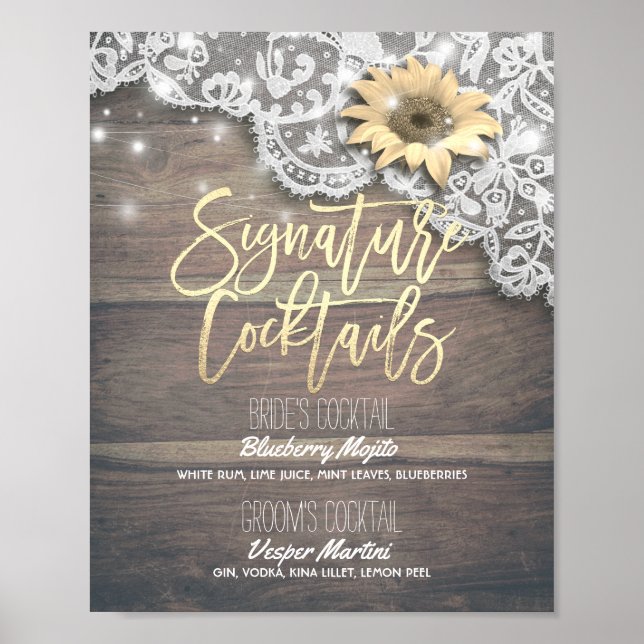 Wedding Signature Drink Menu Lace Sunflower Wood Poster (Front)