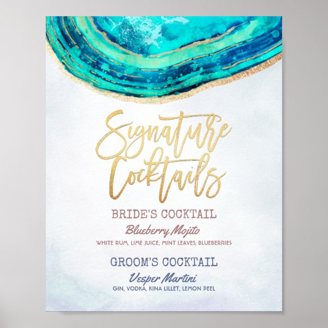 Wedding Signature Drink Menu Teal Gold Agate Geode Poster (Front)