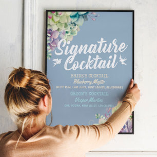 Wedding Signature Drink Menu Watercolor Succulent Poster