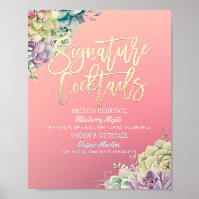Wedding Signature Drink Menu Watercolor Succulent Poster (Front)