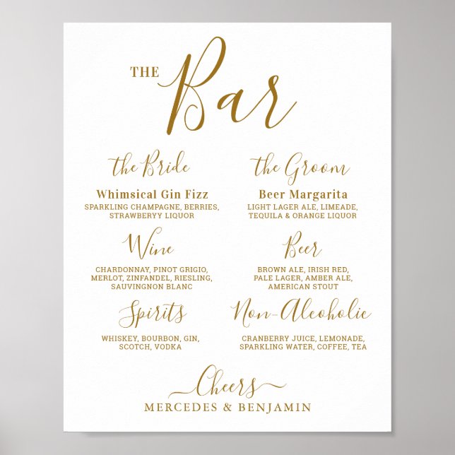 Wedding Signature Drink Personalised Gold Bar  Poster (Front)