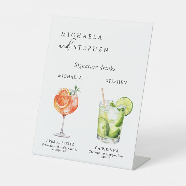 Wedding Signature Drinks 50+ Watercolor Cocktails Pedestal Sign (Front)