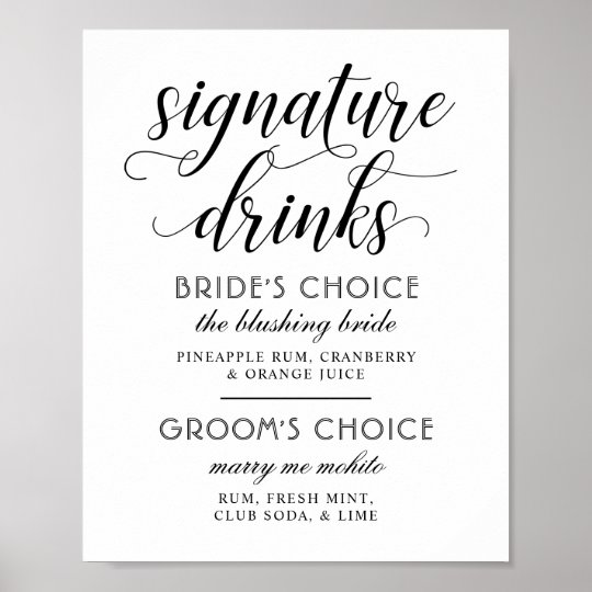 Wedding Signature Drinks Poster Sign | Black White
