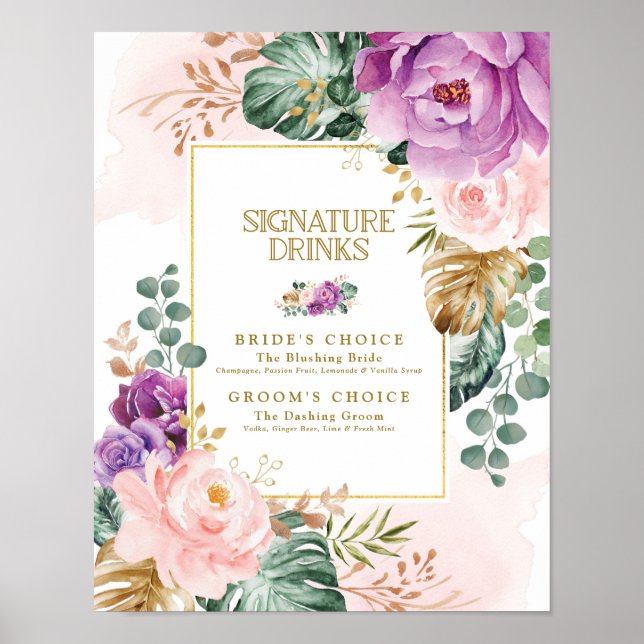 Wedding Signature Drinks Tropical Floral Greenery Poster (Front)