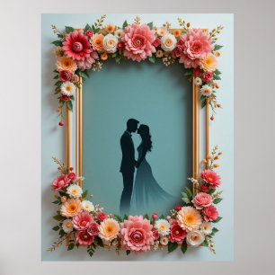 Wedding Silhouette of Couple in Floral Frame Poster