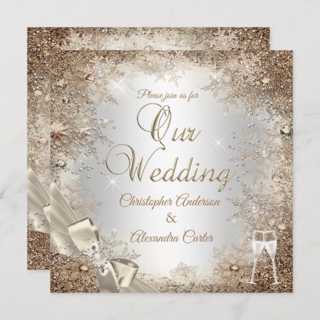 Wedding Silver Beige Cream Pearl Bow Snowflake 2 Invitation (Front/Back)