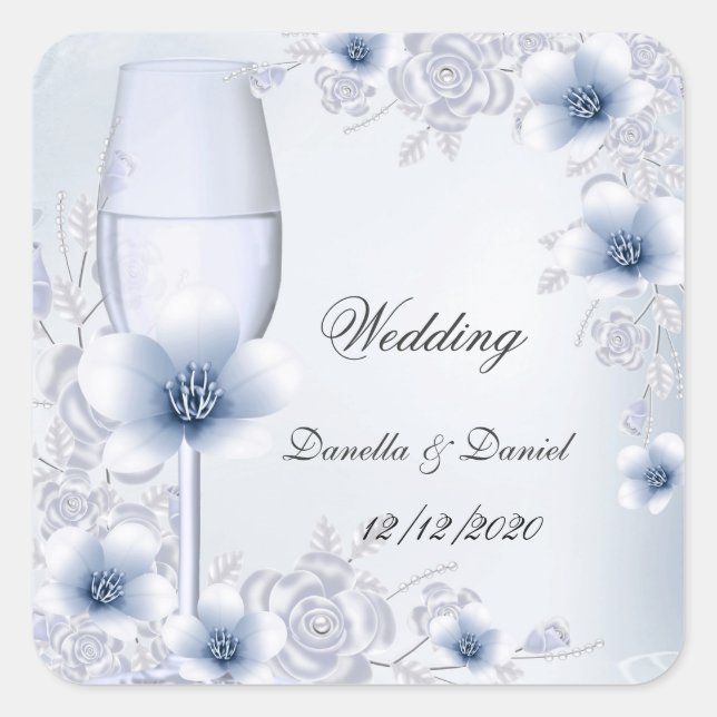 Wedding Silver Blue Floral Blossoms Roses Square Sticker (Front)
